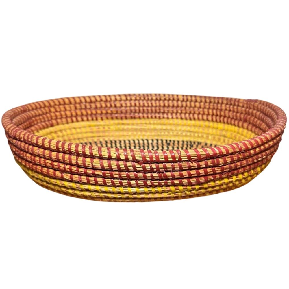 Vintage African Coiled Sweetgrass Basket Hand Woven Oval Boho Bread Bowl Tray
